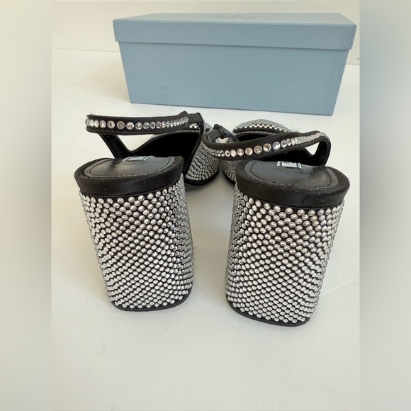 PradaBlack Satin Leather Jewel embellished Triangle logo slingback pumps EU 39 - Picture 9 of 14